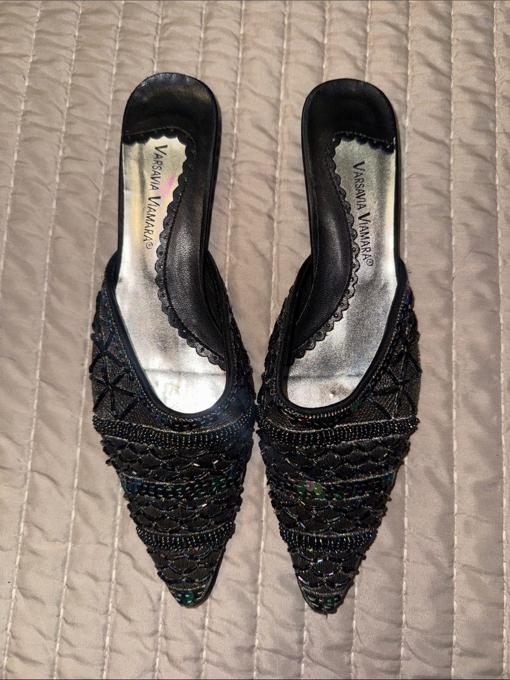 Varsavia Viamara Black Beaded Pointed-Toe Slip-On Mules SIZE 5.5
